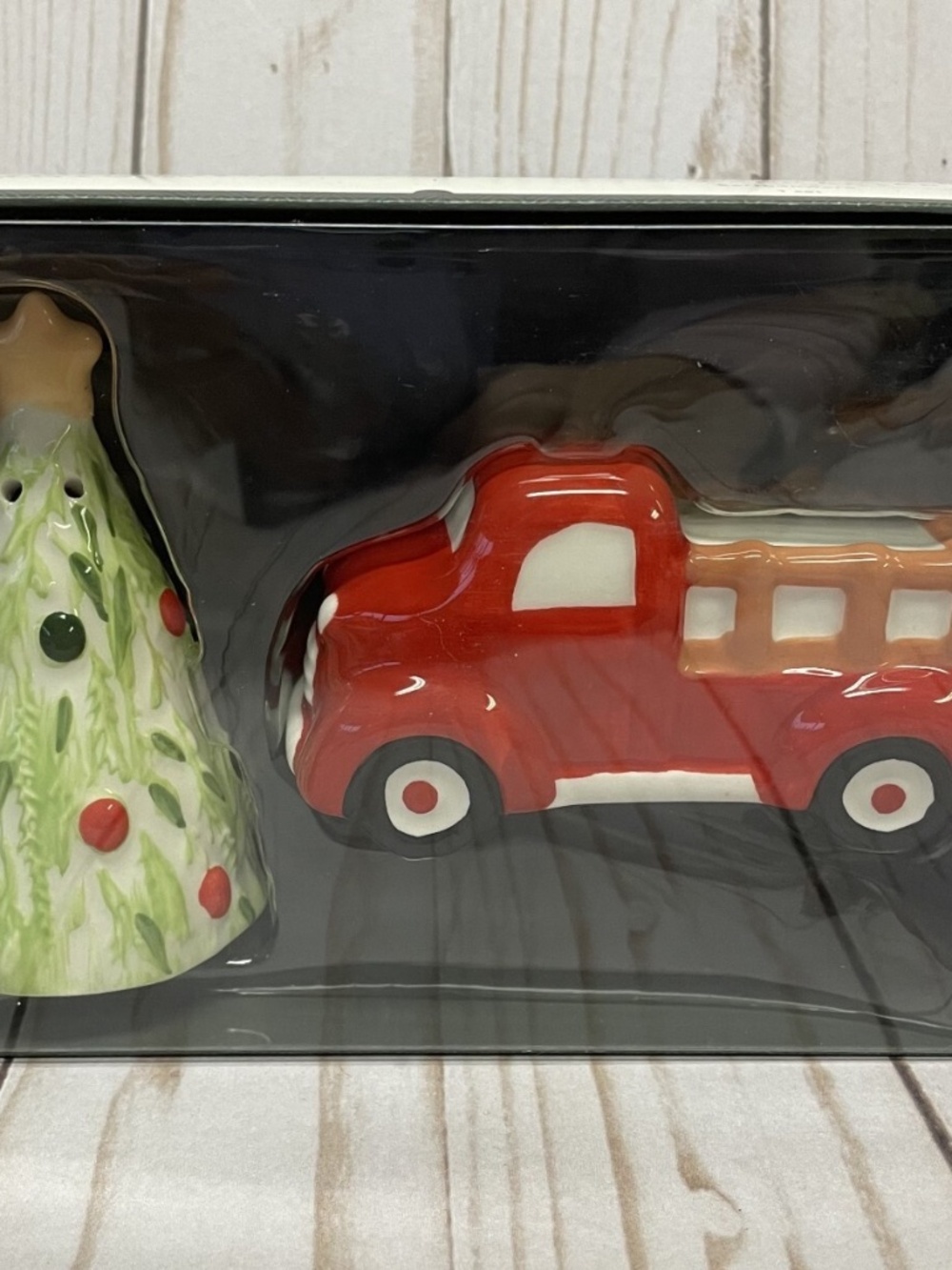 Earthenware Christmas Tree Farm Red Truck Salt & Pepper Shaker Set Threshold NEW
